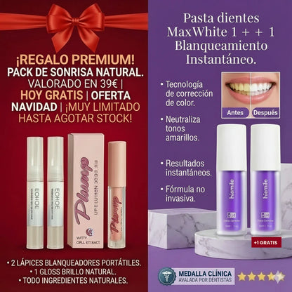 1 + 1 GRATIS | MAXWHITE™ — Dientes blancos en solo 11 días. Quita el color amarillento y las manchas que opacan tu sonrisa. (Incluye 2 pastas blanqueadoras + 2 lápices + 1 brillo natural para labios) *Ingredientes naturales **Especial Navidad