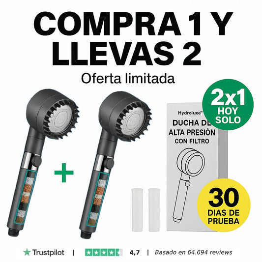 HYDROLUXE™  - Elimina el cloro y la cal de tu ducha. Y aumenta la presión ahorrando agua en cada uso. Incluye 2 filtros extras. (+Envío GRATIS).